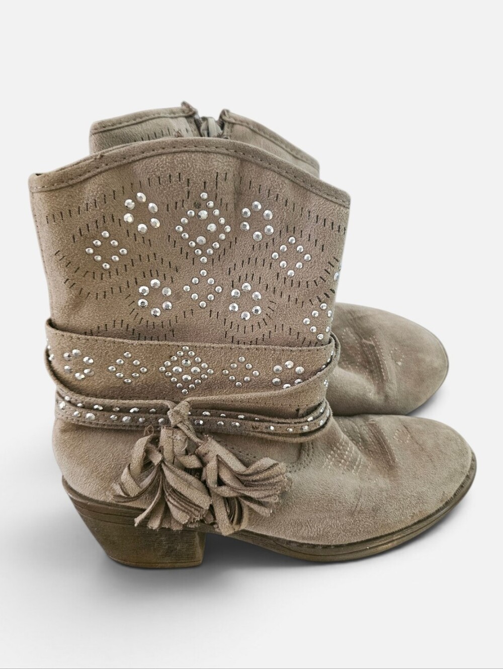 Justice Taupe Suede Studded Tassel Ankle Boots